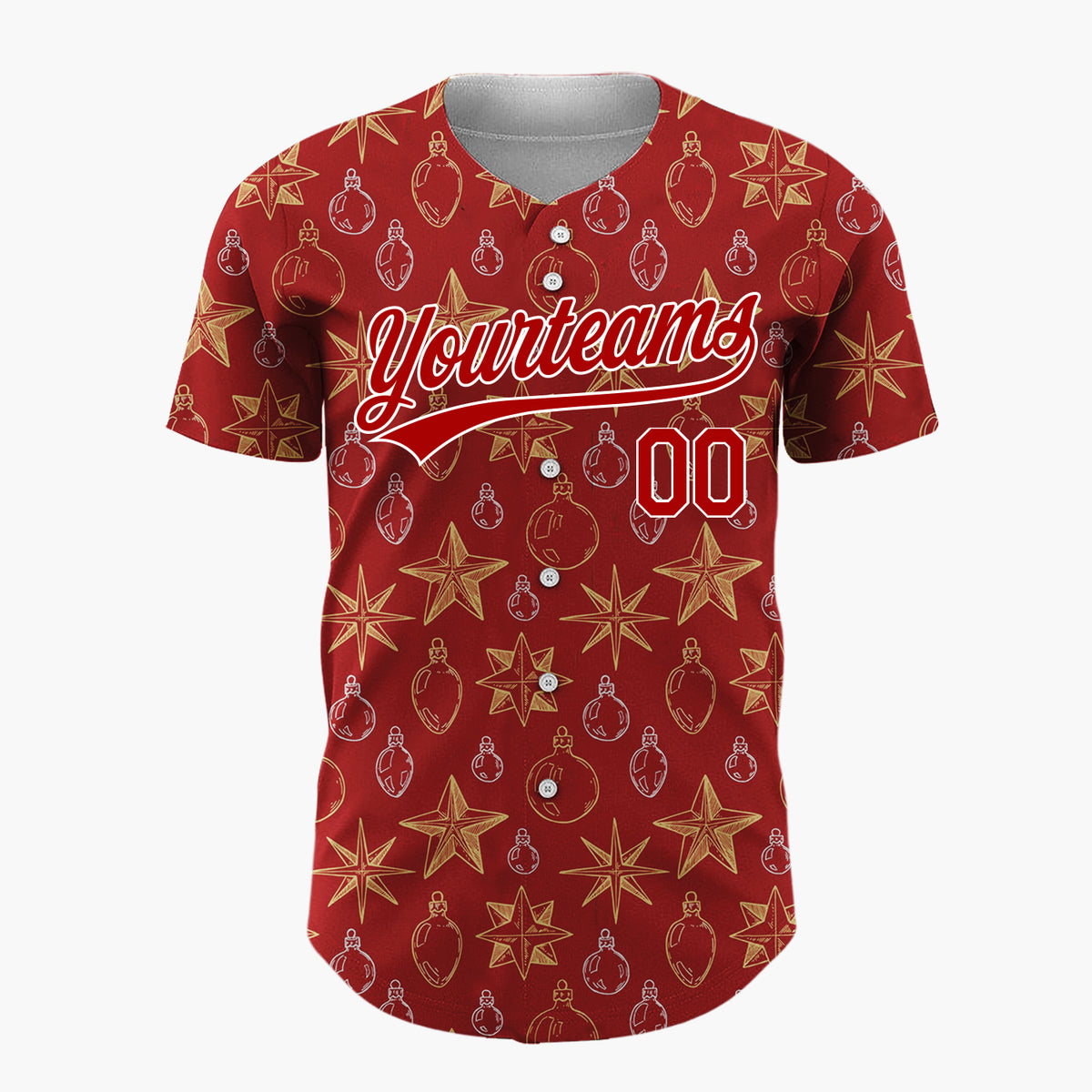 Custom Deep Red Star And Ornament Sketch Pattern Christmas Baseball Jersey
