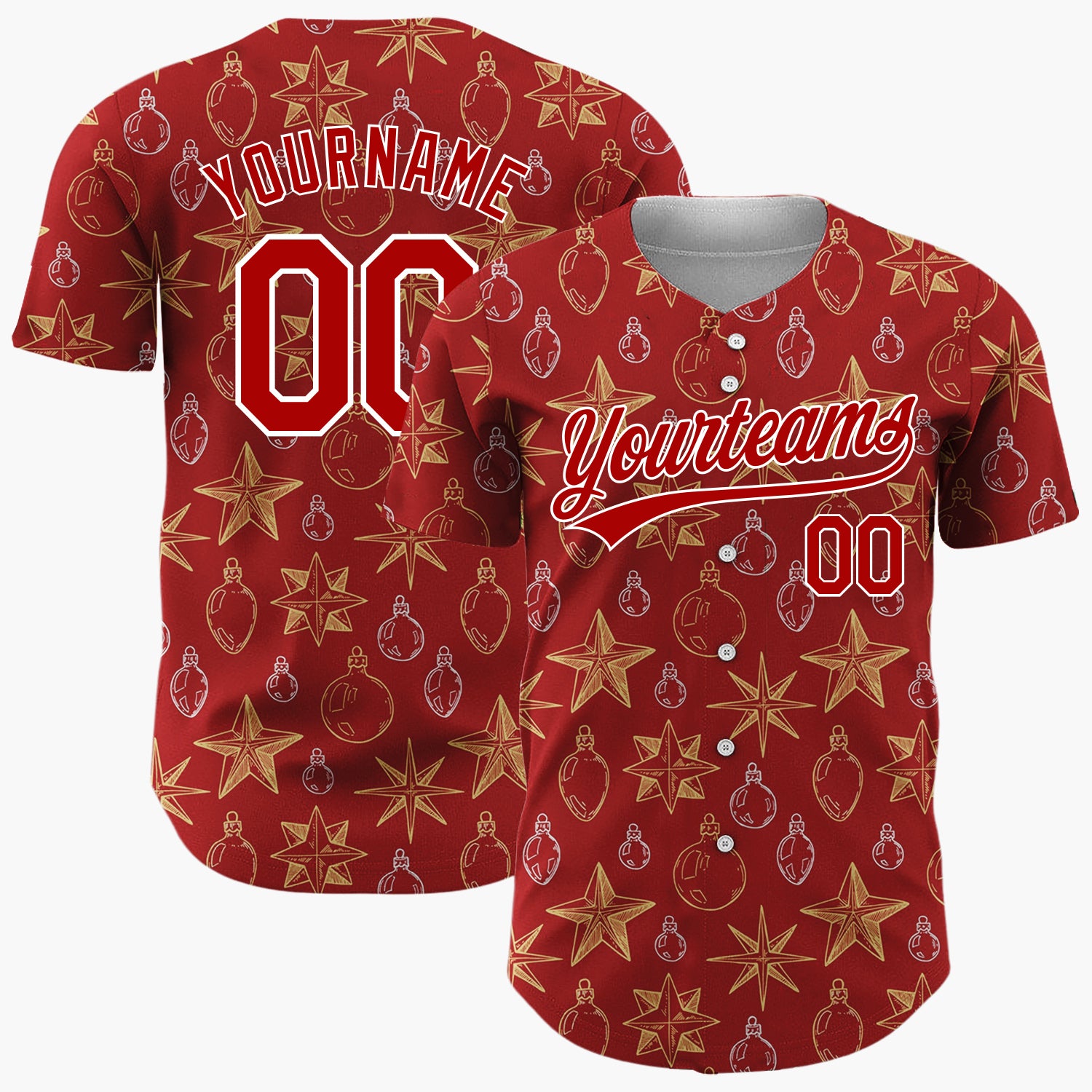 Custom Deep Red Star And Ornament Sketch Pattern Christmas Baseball Jersey
