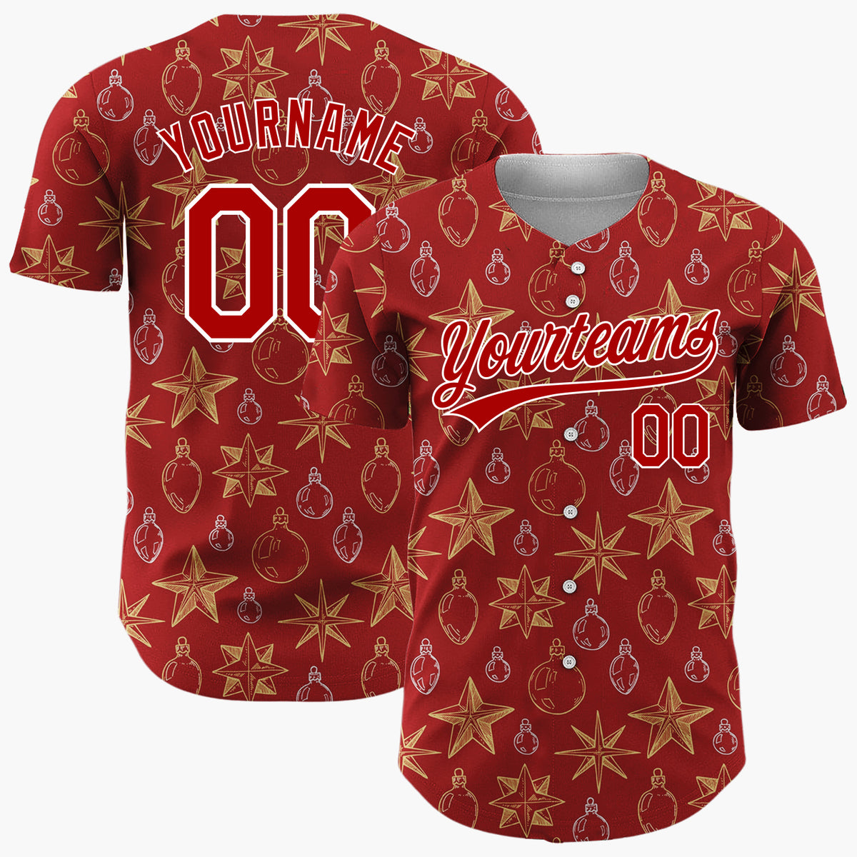 Custom Deep Red Star And Ornament Sketch Pattern Christmas Baseball Jersey