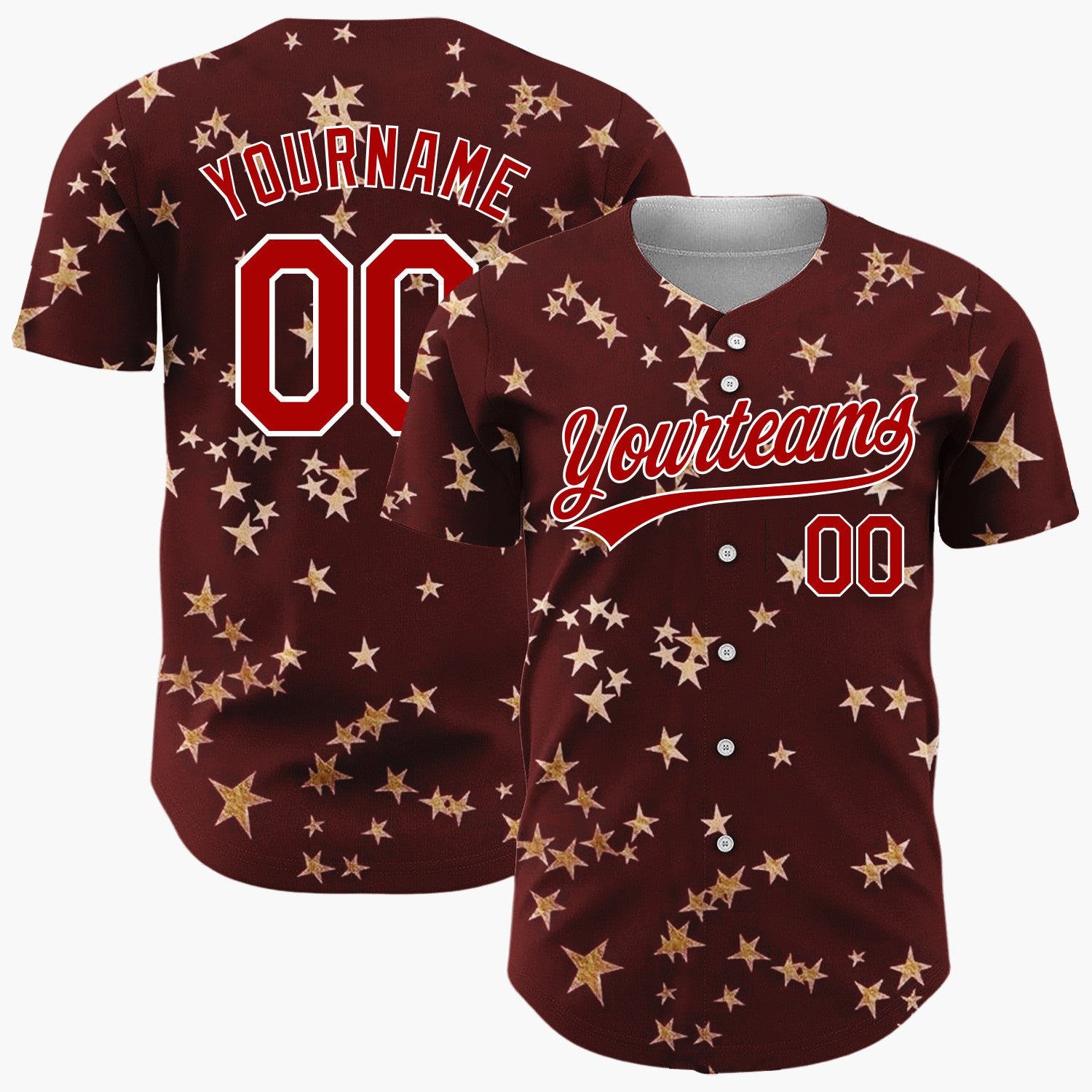 Custom Dark Red Golden Stars Scattered Minimalist Pattern Christmas Baseball Jersey