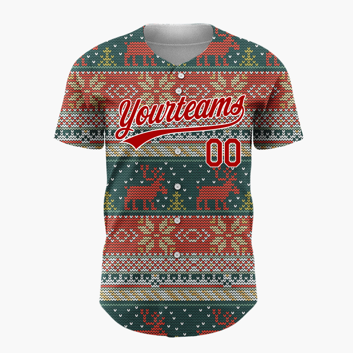 Custom Dark Green Red Reindeers Trees And Snowflakes Cozy Knit Pattern Christmas Baseball Jersey
