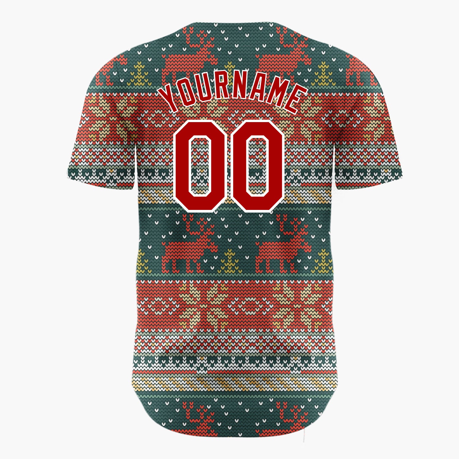 Custom Dark Green Red Reindeers Trees And Snowflakes Cozy Knit Pattern Christmas Baseball Jersey