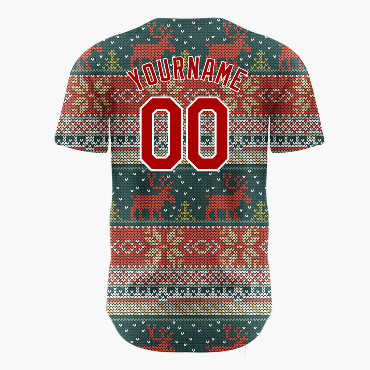 Custom Dark Green Red Reindeers Trees And Snowflakes Cozy Knit Pattern Christmas Baseball Jersey