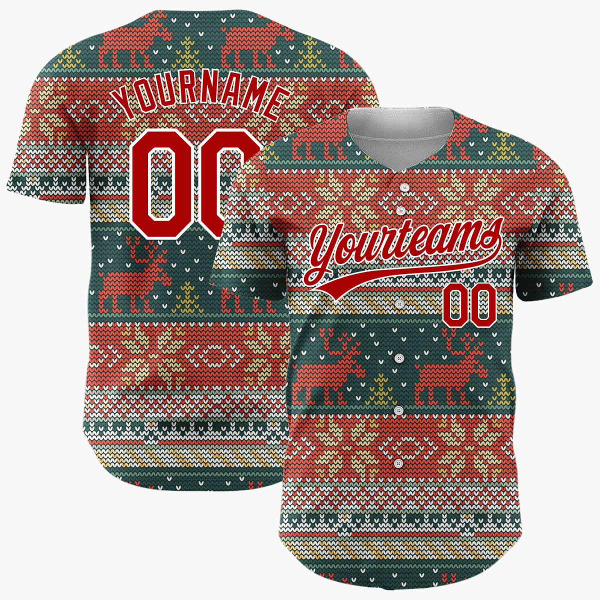 Custom Dark Green Red Reindeers Trees And Snowflakes Cozy Knit Pattern Christmas Baseball Jersey