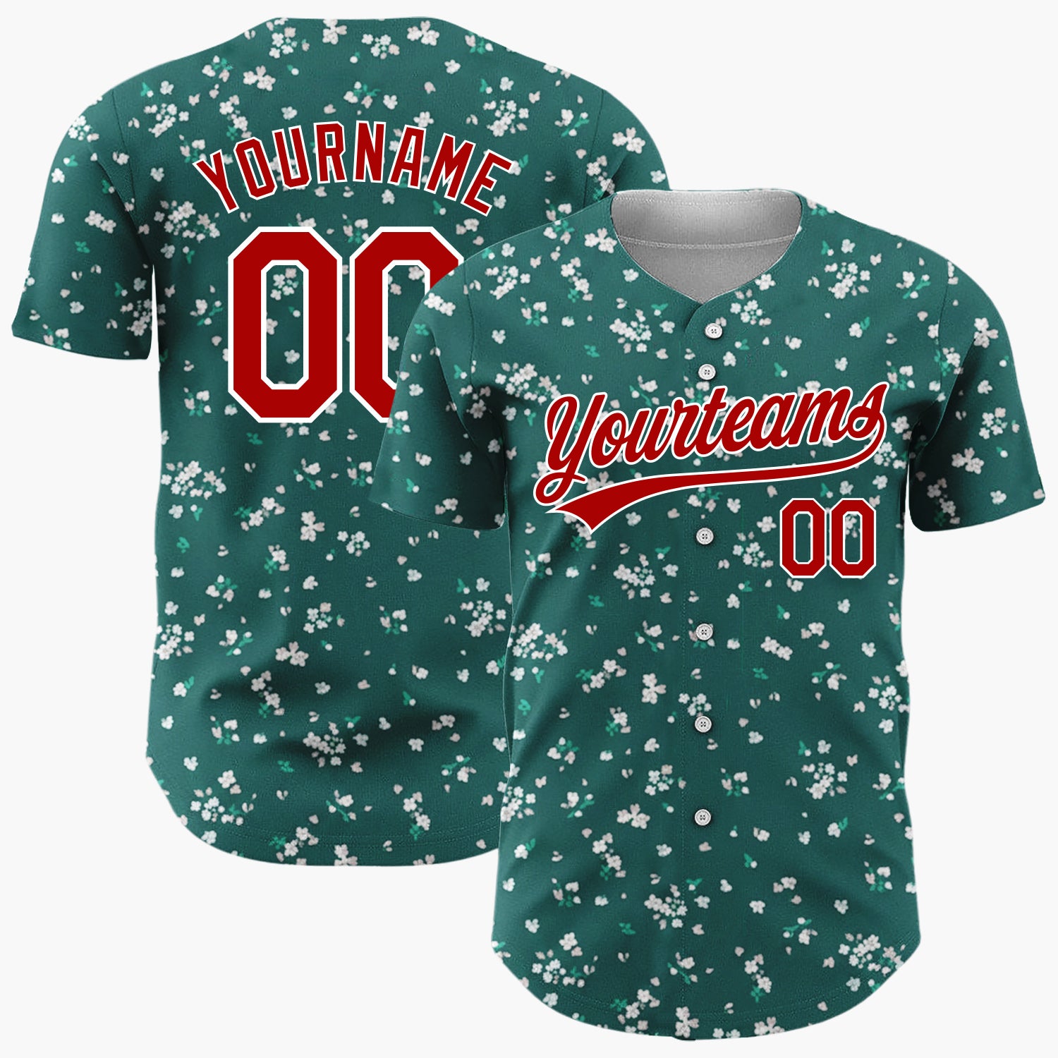 Custom Dark Green White Small Blossoms Minimal Winter Floral Pattern Christmas Baseball Jersey