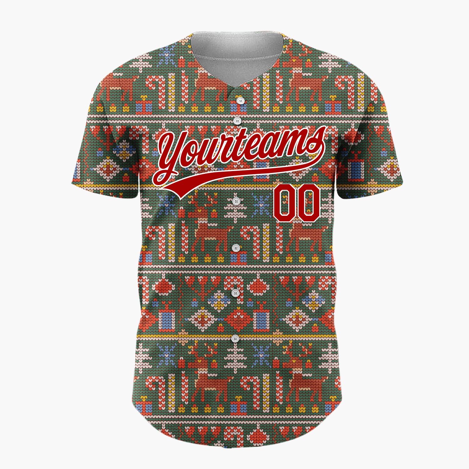 Custom Dark Green Reindeers Candy Canes And Gifts Knitted Christmas Baseball Jersey