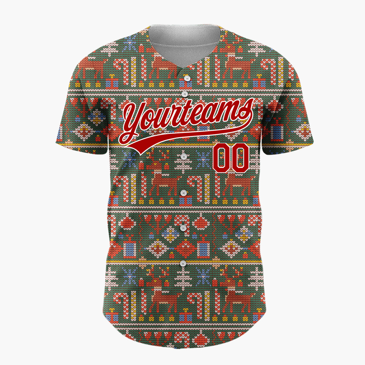 Custom Dark Green Reindeers Candy Canes And Gifts Knitted Christmas Baseball Jersey