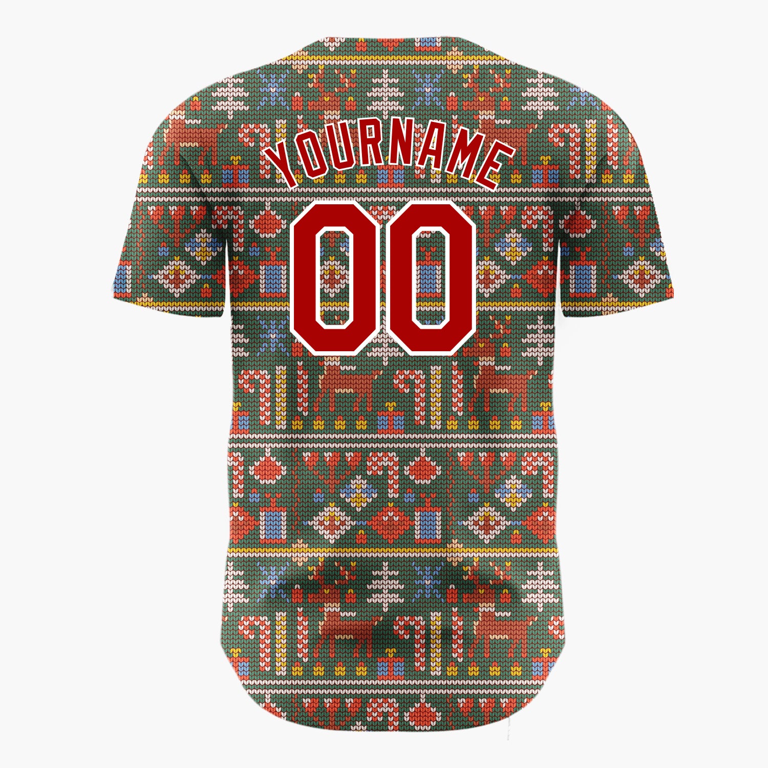 Custom Dark Green Reindeers Candy Canes And Gifts Knitted Christmas Baseball Jersey