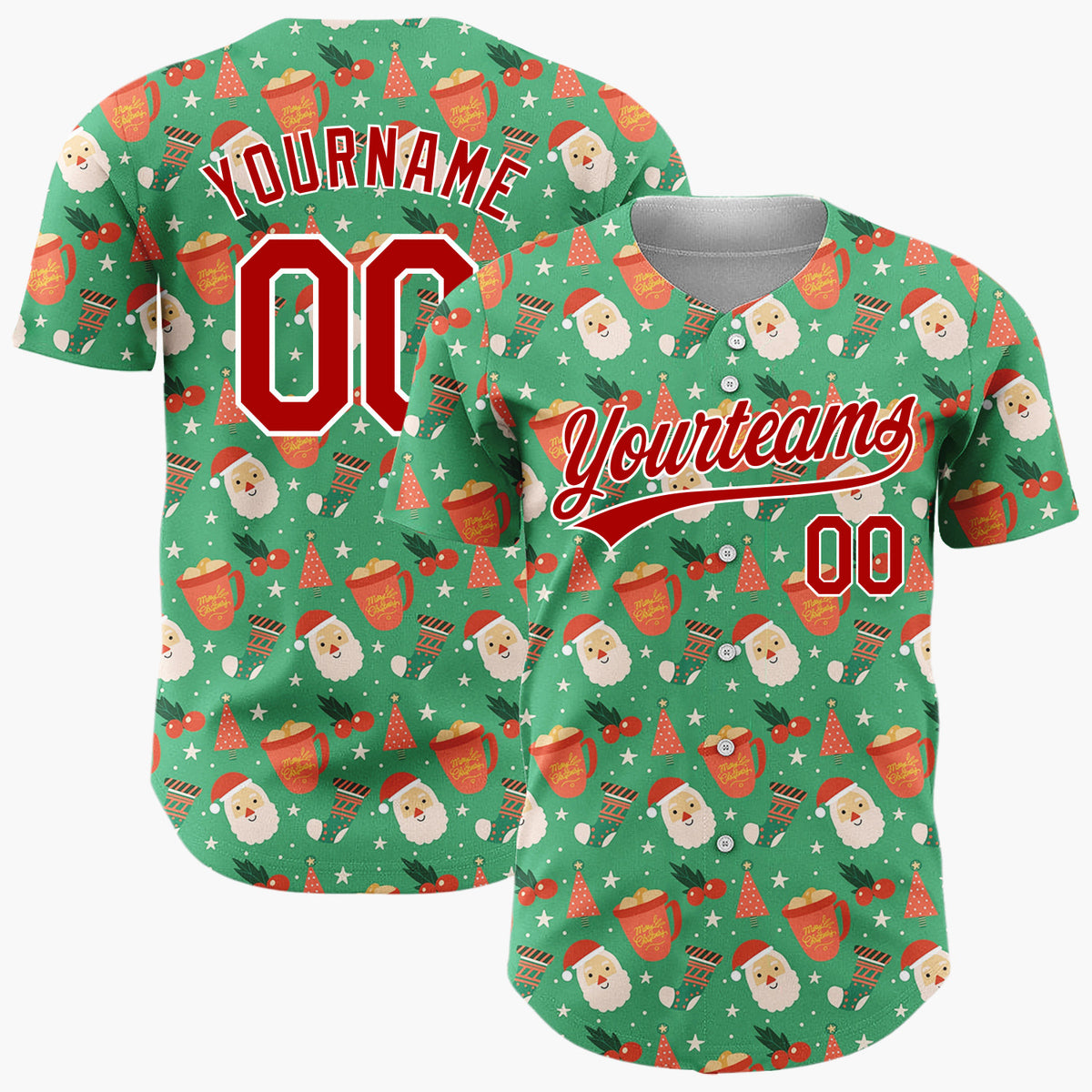 Custom Dark Green Santa Gift Boxes Abstract Cartoon Pattern Christmas Baseball Jersey