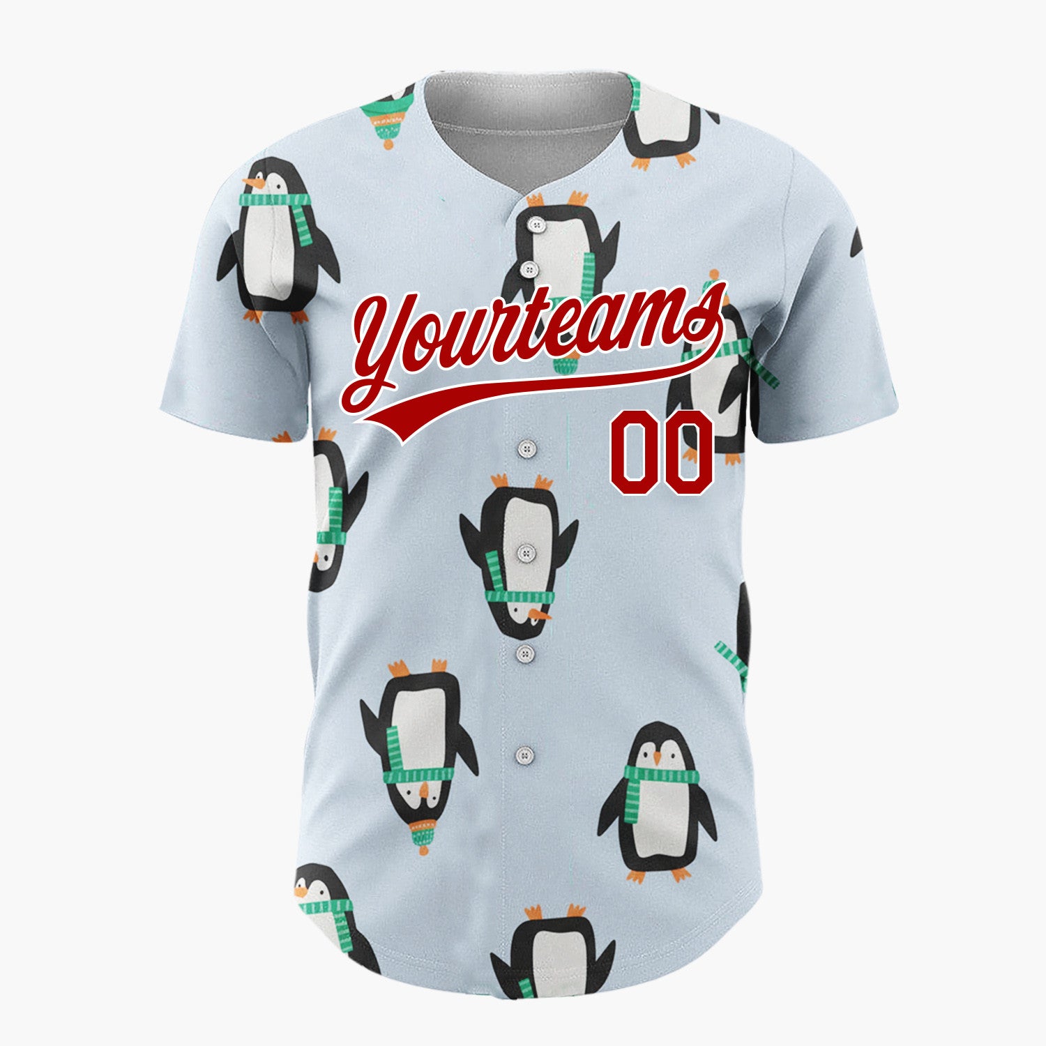 Custom Light Blue Penguins With Green Scarves Fun Winter Pattern Christmas Baseball Jersey