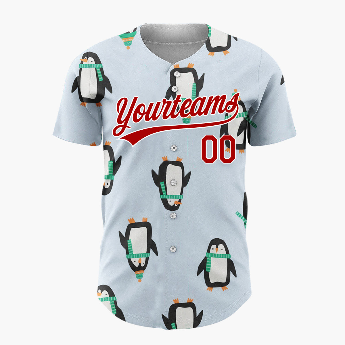 Custom Light Blue Penguins With Green Scarves Fun Winter Pattern Christmas Baseball Jersey