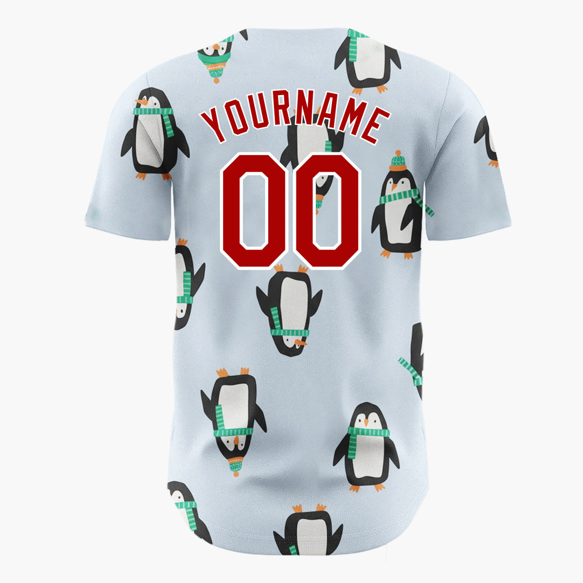 Custom Light Blue Penguins With Green Scarves Fun Winter Pattern Christmas Baseball Jersey