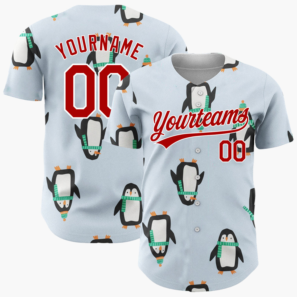 Custom Light Blue Penguins With Green Scarves Fun Winter Pattern Christmas Baseball Jersey