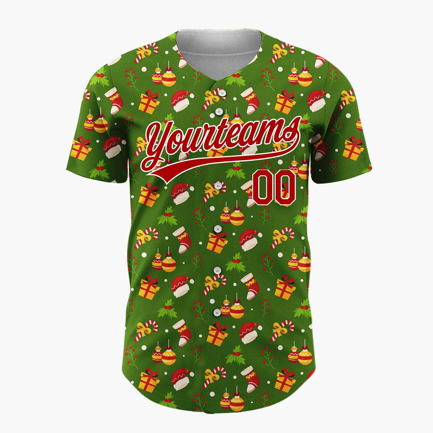 Custom Dark Green Red Yellow Gifts Hats And Candy Canes Holiday Pattern Christmas Baseball Jersey