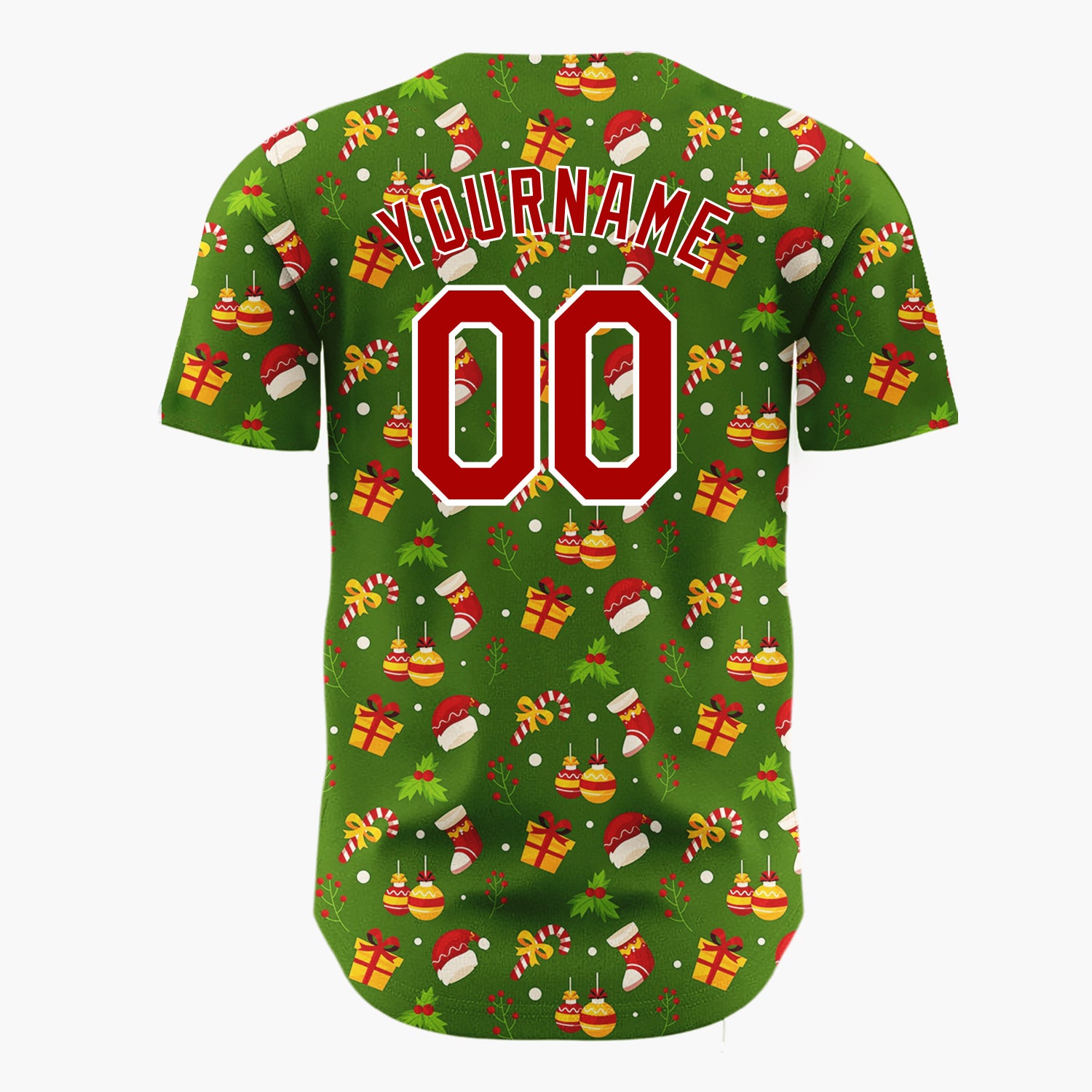 Custom Dark Green Red Yellow Gifts Hats And Candy Canes Holiday Pattern Christmas Baseball Jersey