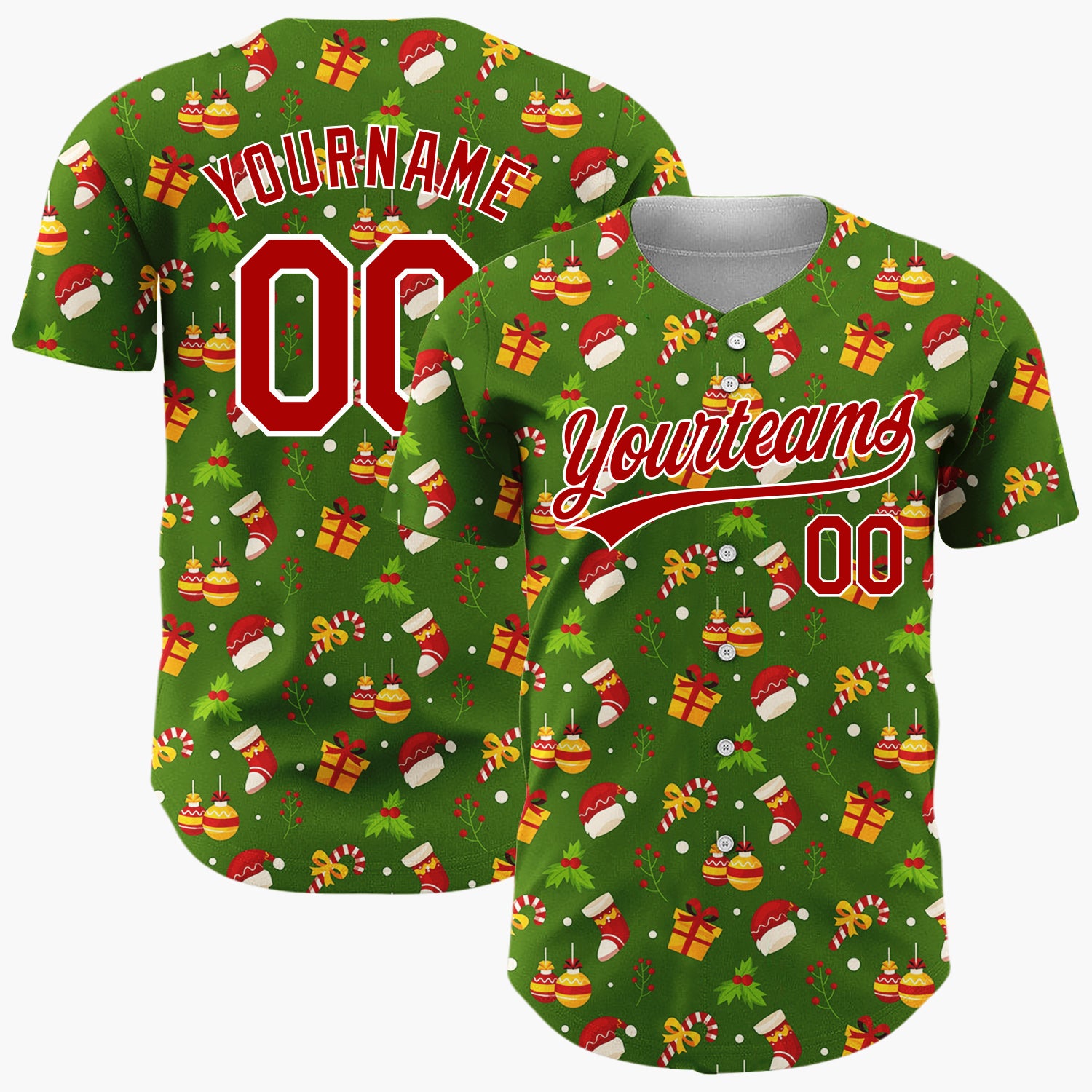 Custom Dark Green Red Yellow Gifts Hats And Candy Canes Holiday Pattern Christmas Baseball Jersey