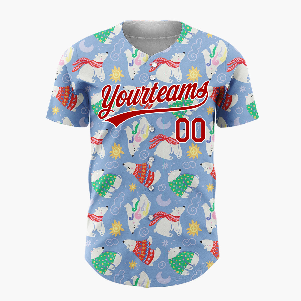 Custom Light Blue Polar Bears Wearing Sweaters Cartoon Pattern Christmas Baseball Jersey