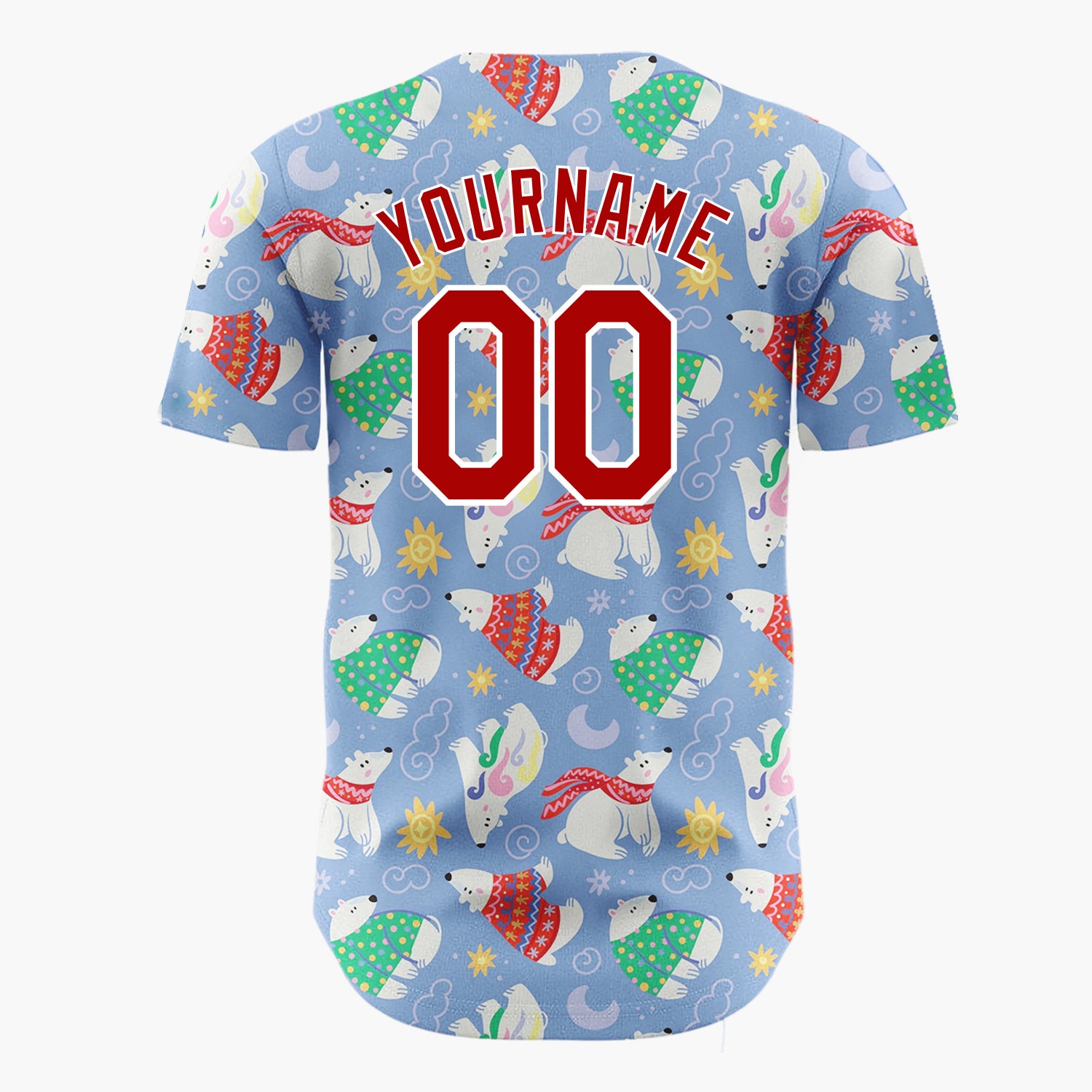 Custom Light Blue Polar Bears Wearing Sweaters Cartoon Pattern Christmas Baseball Jersey