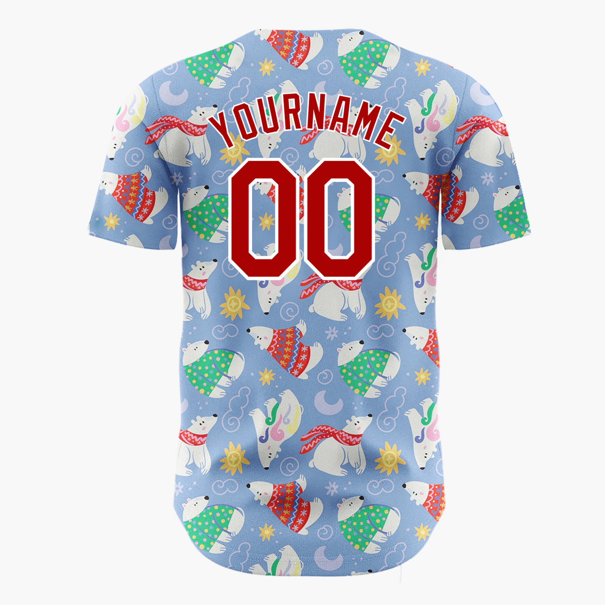 Custom Light Blue Polar Bears Wearing Sweaters Cartoon Pattern Christmas Baseball Jersey