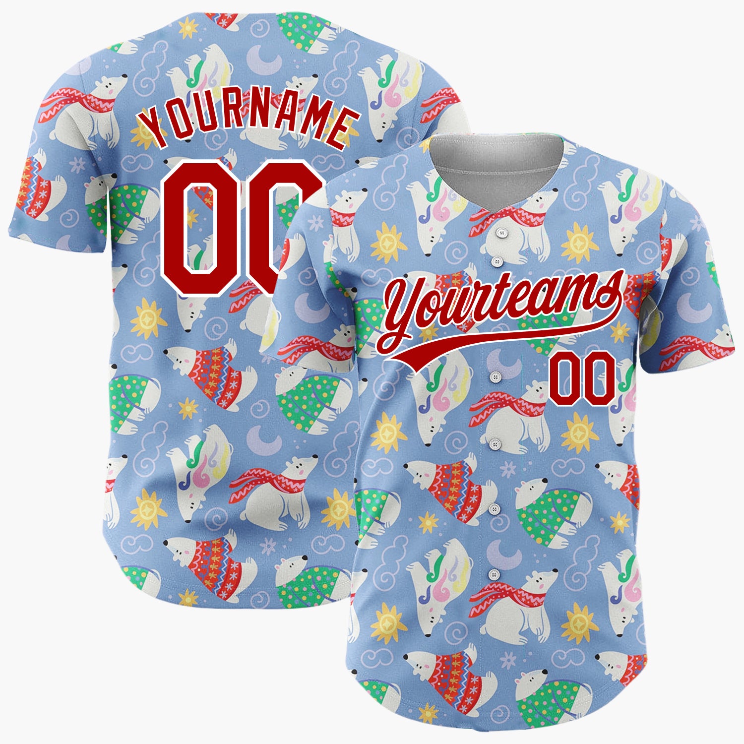Custom Light Blue Polar Bears Wearing Sweaters Cartoon Pattern Christmas Baseball Jersey