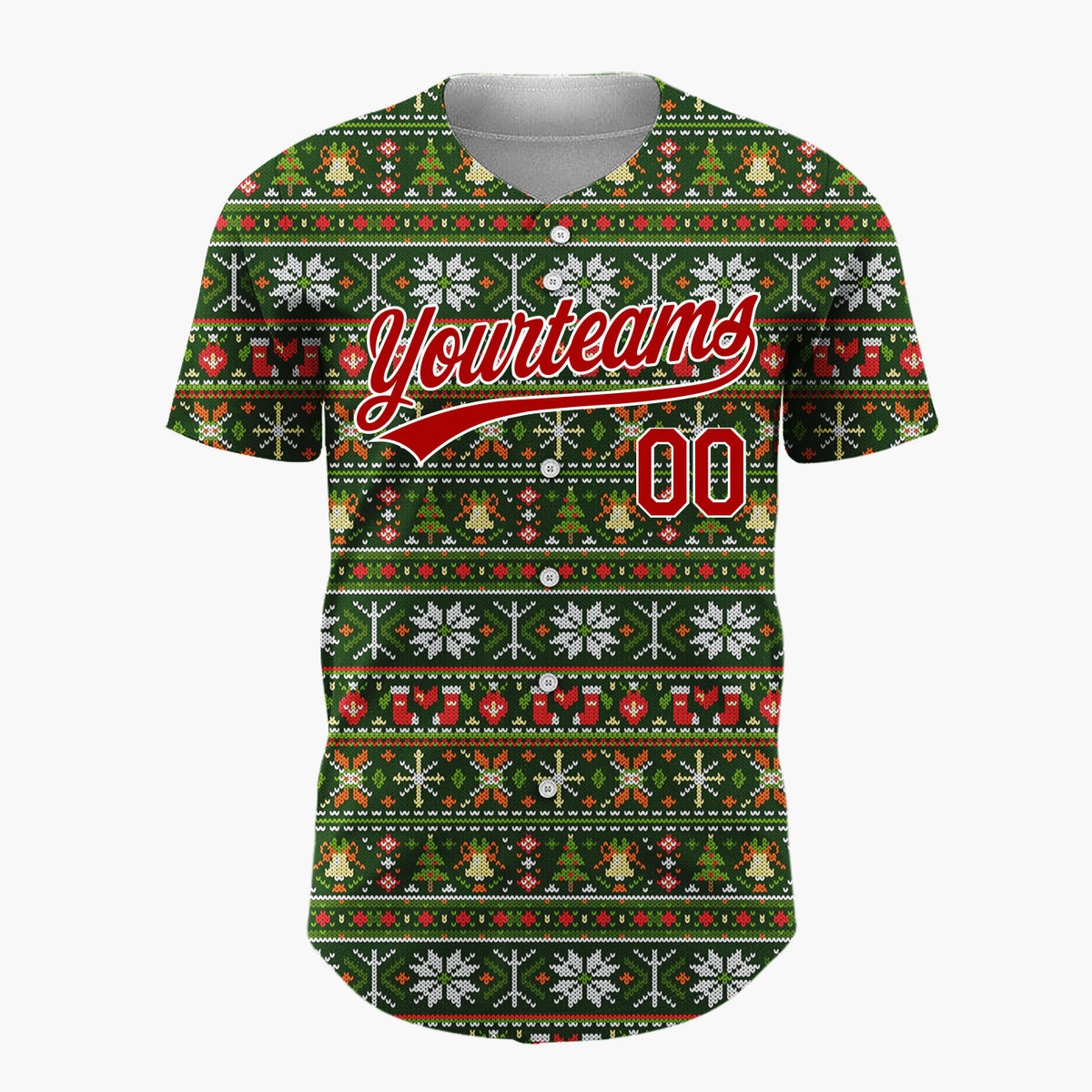 Custom Green Red Orange White Nordic Knit Christmas Baseball Jersey