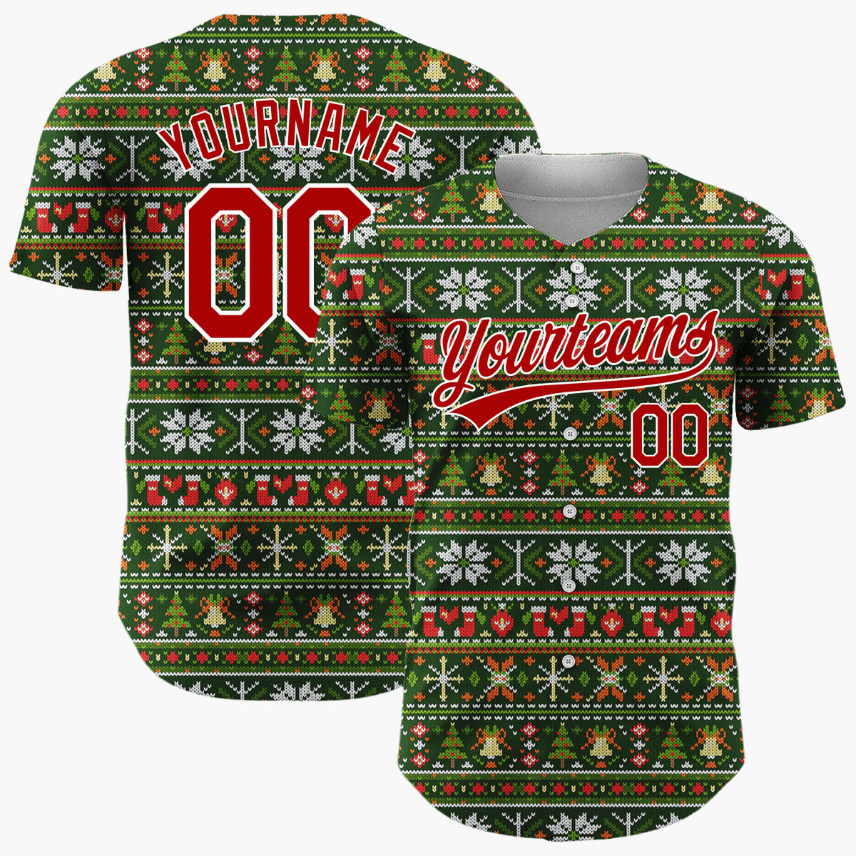 Custom Green Red Orange White Nordic Knit Christmas Baseball Jersey