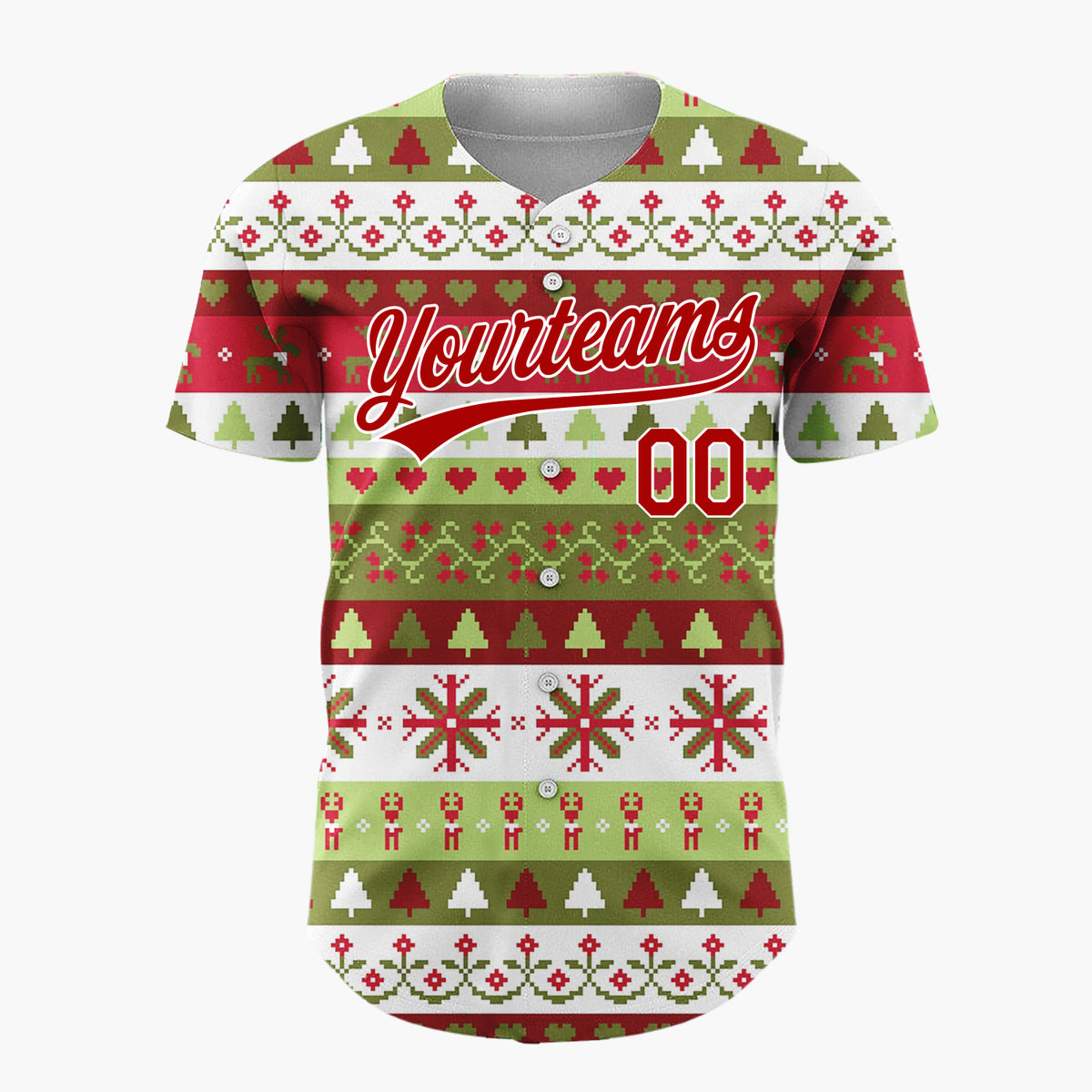Custom Green Red And White Trees Hearts And Snowflakes Traditional Fair Isle Pattern Christmas Baseball Jersey