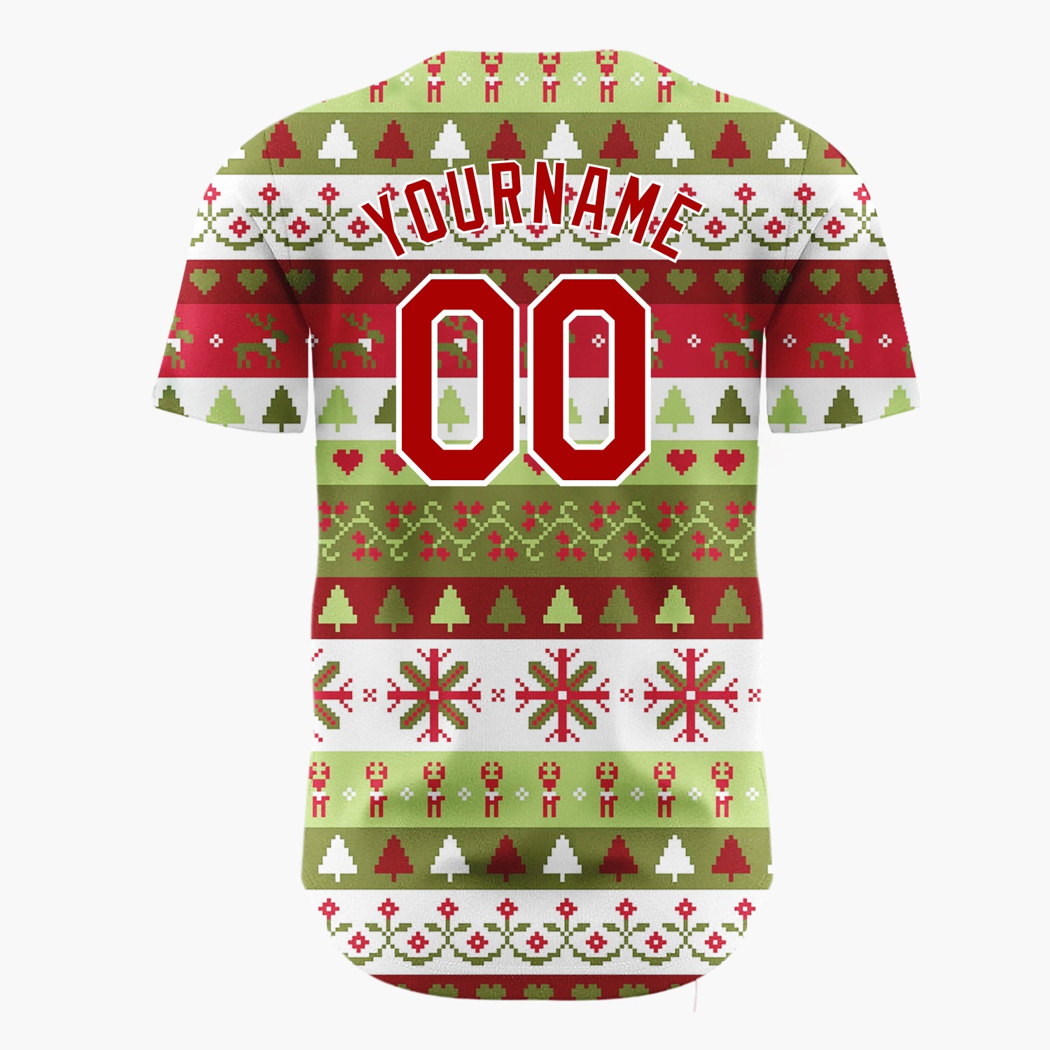 Custom Green Red And White Trees Hearts And Snowflakes Traditional Fair Isle Pattern Christmas Baseball Jersey