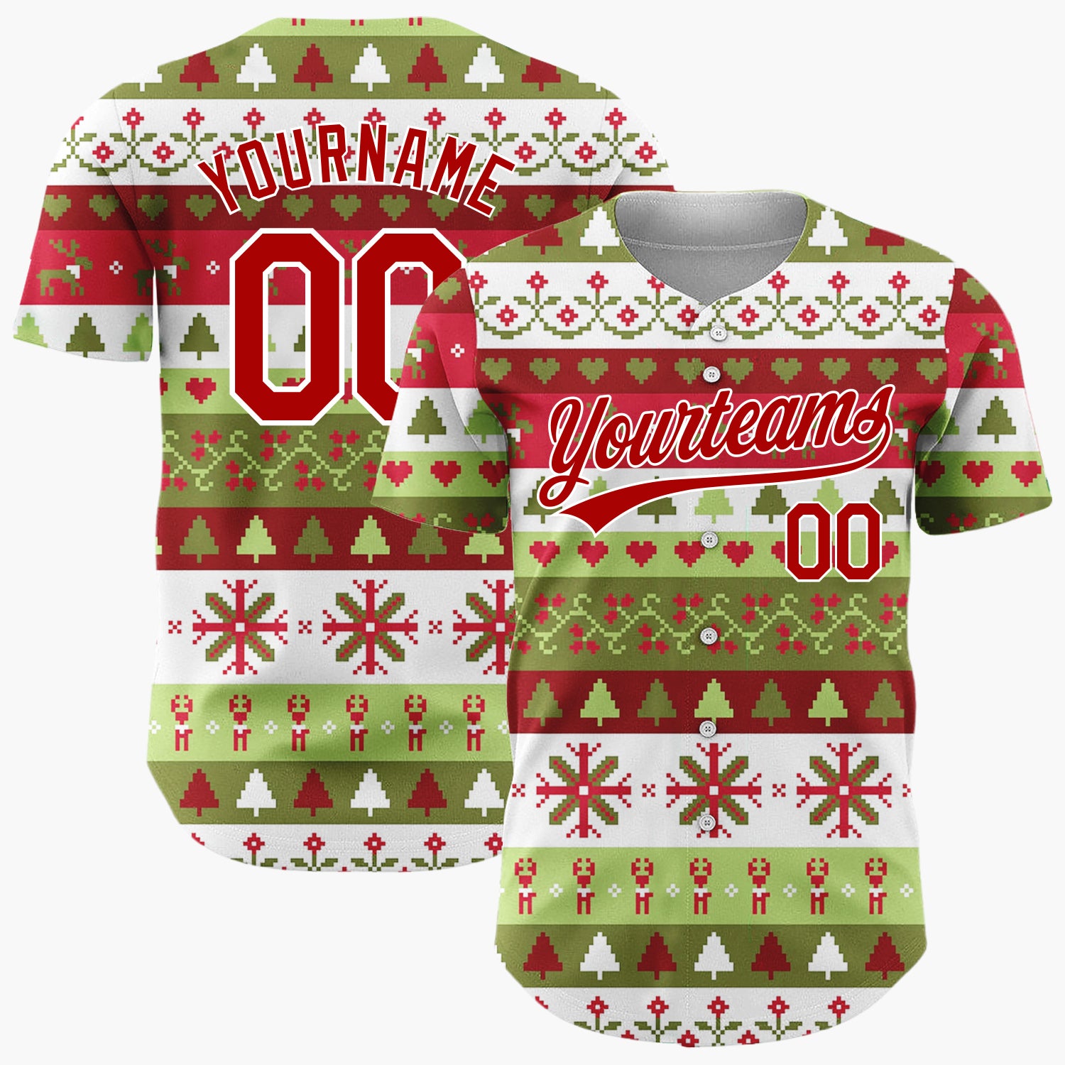Custom Green Red And White Trees Hearts And Snowflakes Traditional Fair Isle Pattern Christmas Baseball Jersey