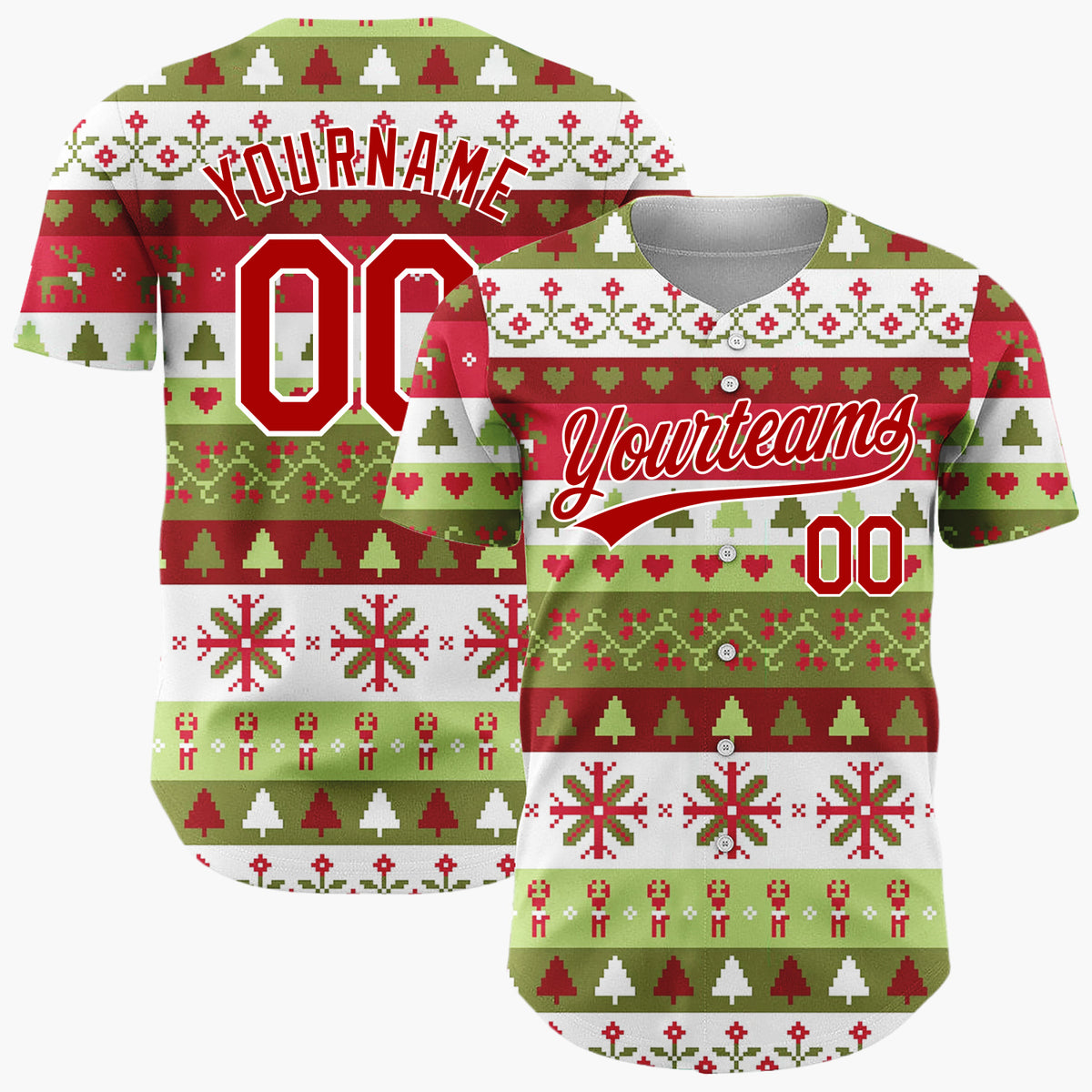 Custom Green Red And White Trees Hearts And Snowflakes Traditional Fair Isle Pattern Christmas Baseball Jersey