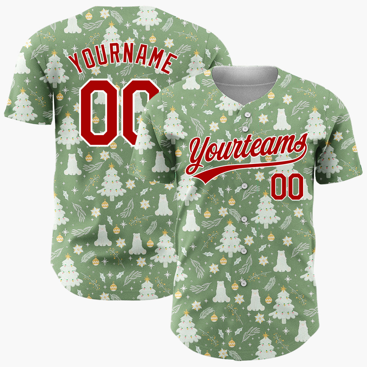 Custom Green Christmas Trees Minimalist Cartoon Pattern Christmas Baseball Jersey