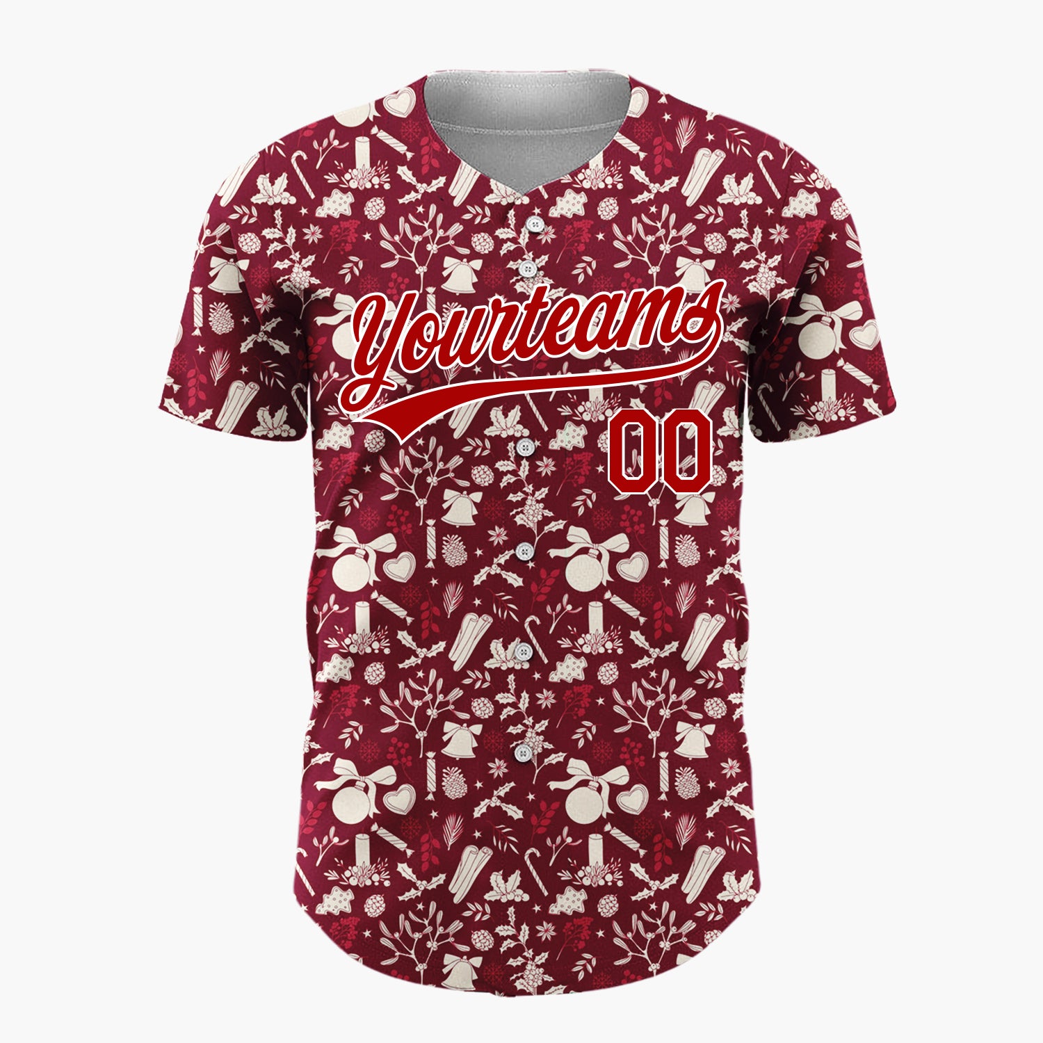 Custom Dark Red Holly Berries Stars Minimalist Pattern Christmas Baseball Jersey