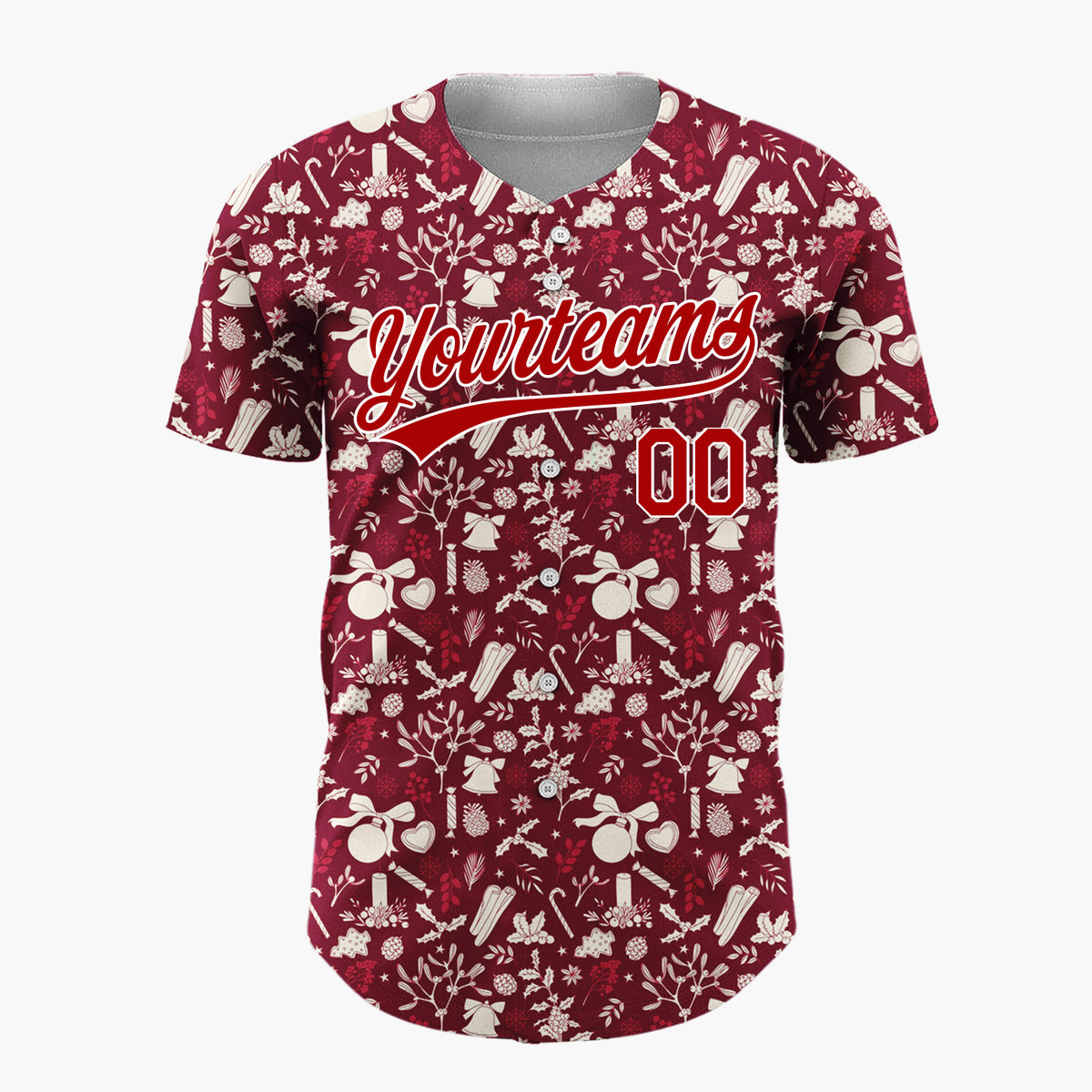 Custom Dark Red Holly Berries Stars Minimalist Pattern Christmas Baseball Jersey