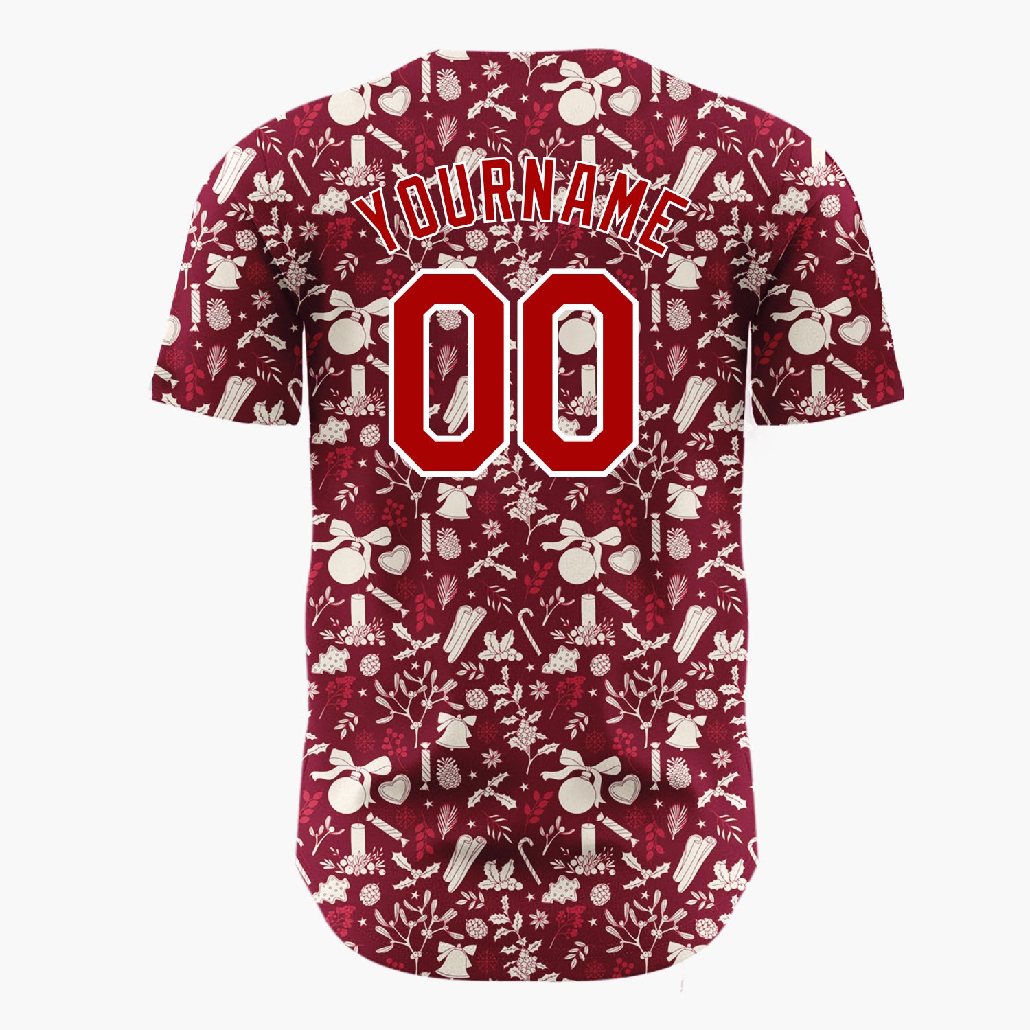Custom Dark Red Holly Berries Stars Minimalist Pattern Christmas Baseball Jersey