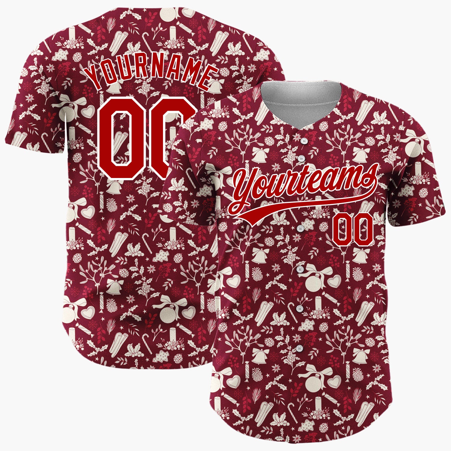 Custom Dark Red Holly Berries Stars Minimalist Pattern Christmas Baseball Jersey