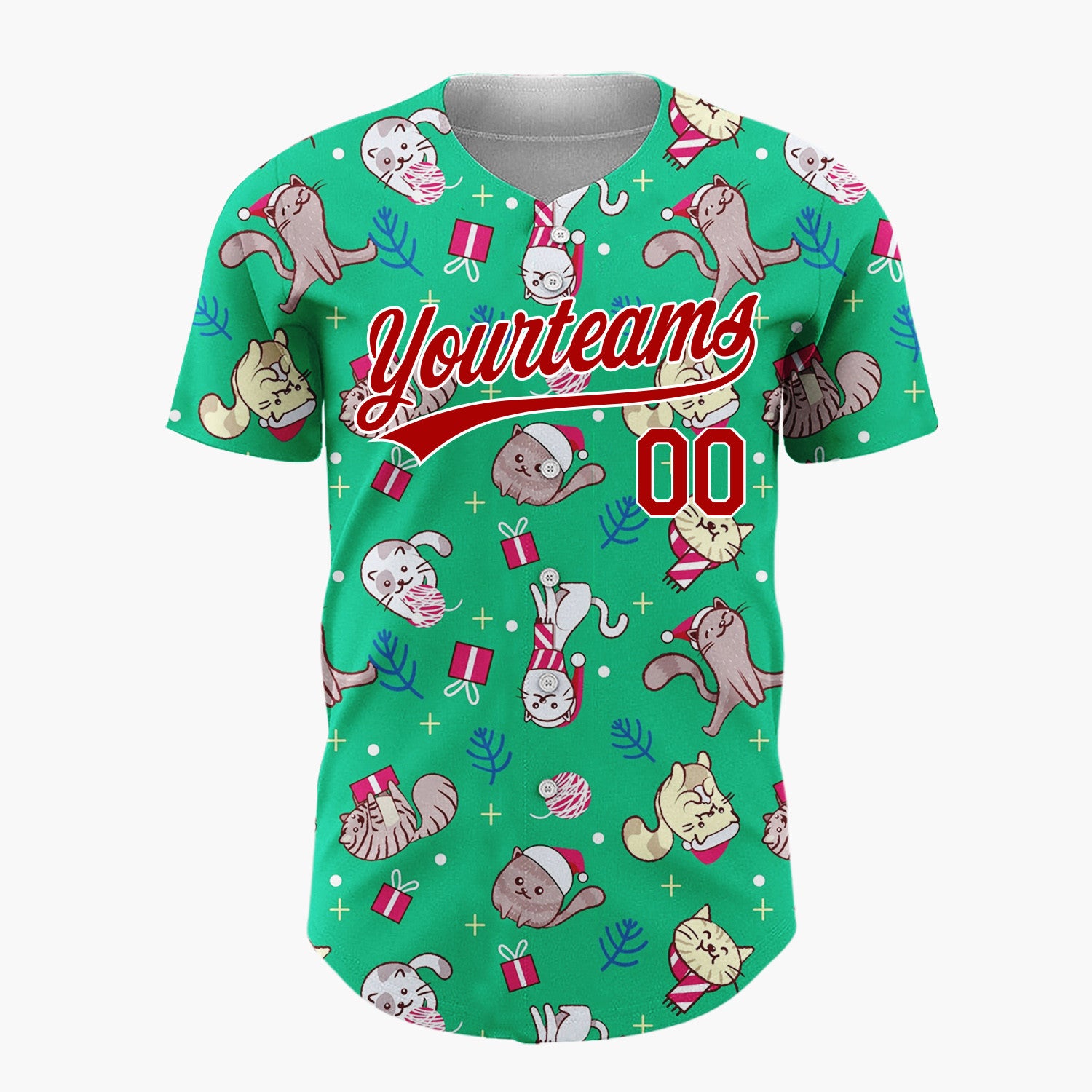 Custom Green Cats Christmas Gifts Playful Holiday Pattern Christmas Baseball Jersey