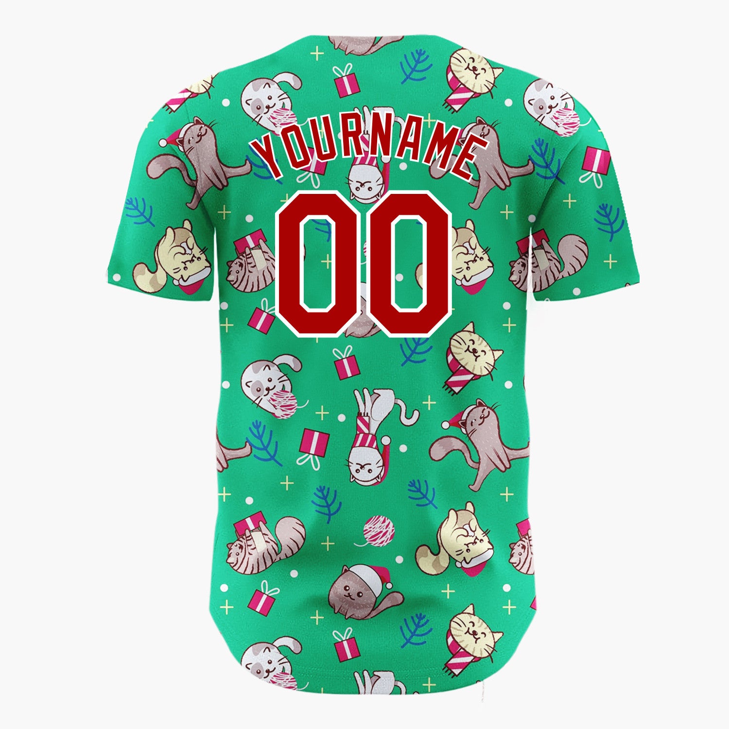 Custom Green Cats Christmas Gifts Playful Holiday Pattern Christmas Baseball Jersey