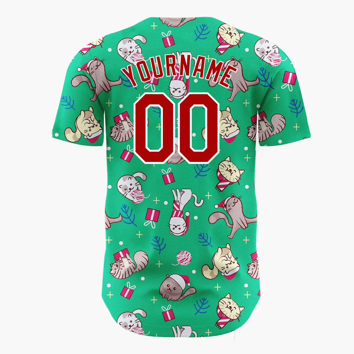 Custom Green Cats Christmas Gifts Playful Holiday Pattern Christmas Baseball Jersey