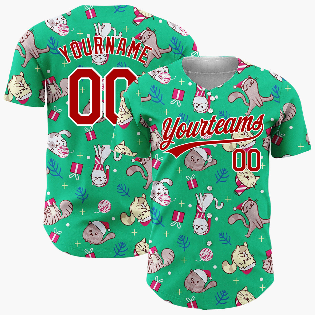 Custom Green Cats Christmas Gifts Playful Holiday Pattern Christmas Baseball Jersey