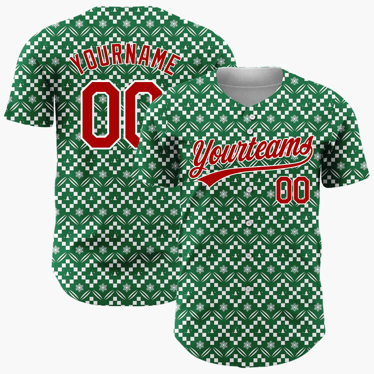 Custom Green Christmas Trees Geometric Nordic Fair Isle Christmas Baseball Jersey