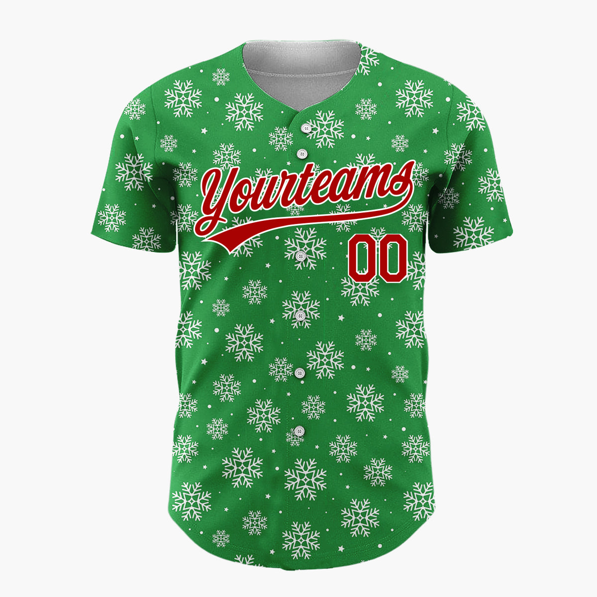 Custom Green White Scattered Snowflakes Stars Winter Pattern Christmas Baseball Jersey