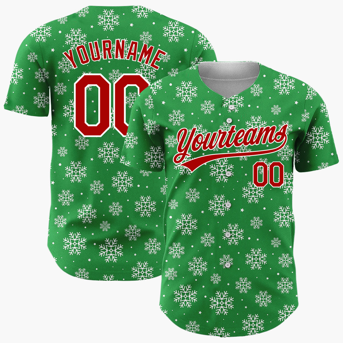 Custom Green White Scattered Snowflakes Stars Winter Pattern Christmas Baseball Jersey