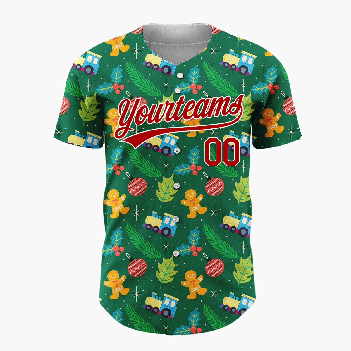 Custom Green Yellow Red Gingerbread Man Train Botanical Pattern Christmas Baseball Jersey