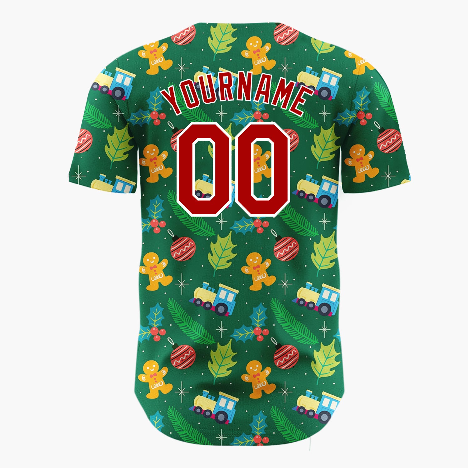 Custom Green Yellow Red Gingerbread Man Train Botanical Pattern Christmas Baseball Jersey