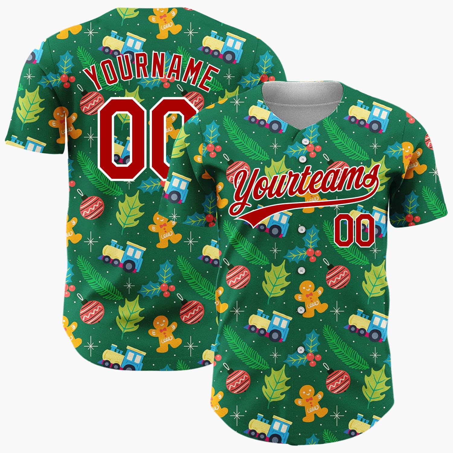 Custom Green Yellow Red Gingerbread Man Train Botanical Pattern Christmas Baseball Jersey