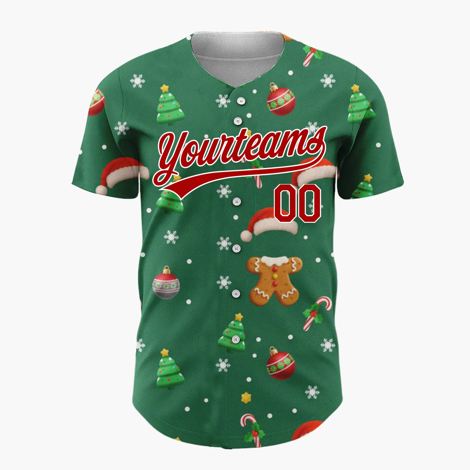 Custom Green Red Brown Gingerbread Trees And Ornaments Classic Holiday Pattern Christmas Baseball Jersey