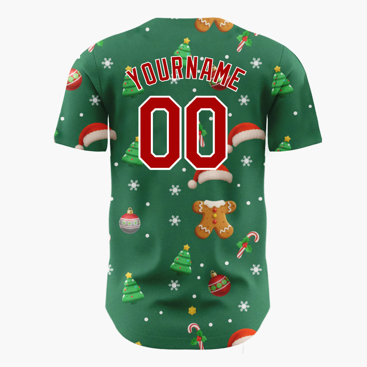 Custom Green Red Brown Gingerbread Trees And Ornaments Classic Holiday Pattern Christmas Baseball Jersey