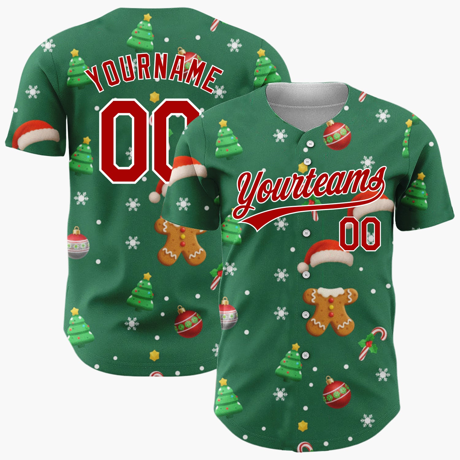 Custom Green Red Brown Gingerbread Trees And Ornaments Classic Holiday Pattern Christmas Baseball Jersey