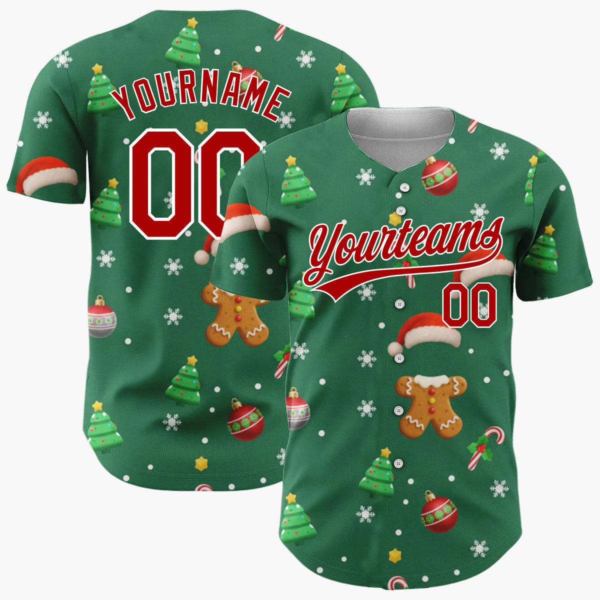 Custom Green Red Brown Gingerbread Trees And Ornaments Classic Holiday Pattern Christmas Baseball Jersey