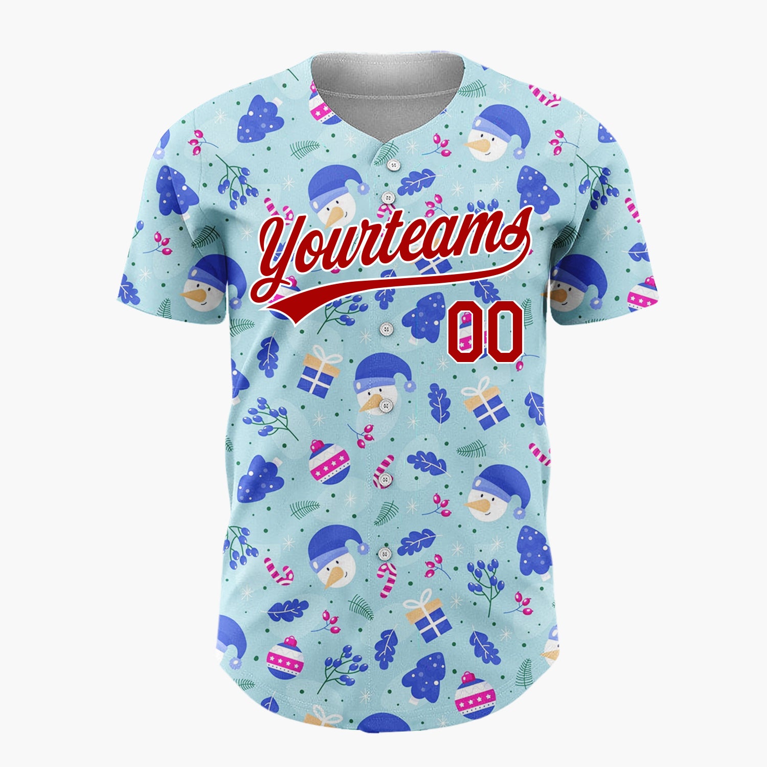 Custom Light Blue Dark Blue White Snowman And Trees Christmas Baseball Jersey